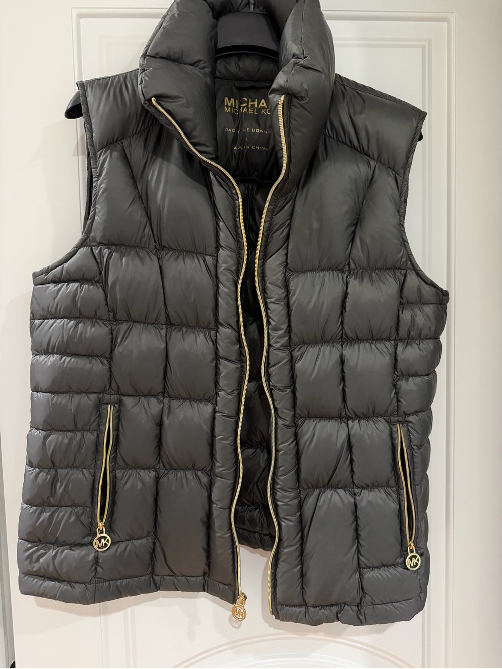 MICHAEL Michael Kors Black Quilted Puffer Vest with Gold Accents